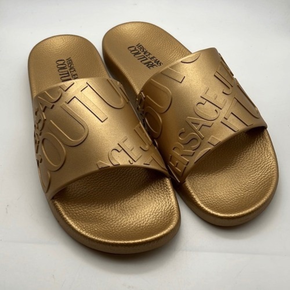 VERSACE JEANS COUTURE Gold Embossed Logo Slides Men 8 / Eur 41 -NEW
